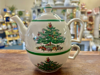 Red Green White Spode Christmas Tree 3 Pc Tea Pot, 7"