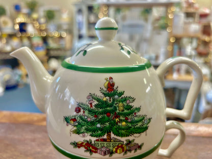 Red Green White Spode Christmas Tree 3 Pc Tea Pot, 7"