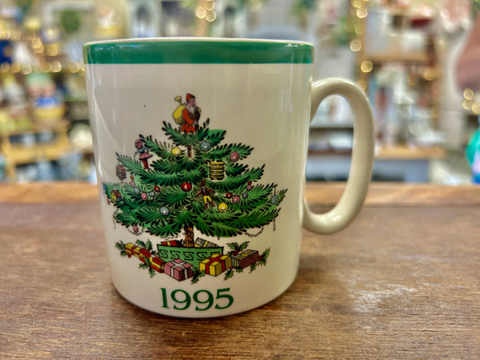 Red Green White Spode Christmas Tree 1995 Mug England, 3 1/4"