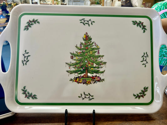 Red Green White Spode Christmas Tree Melamine Tray, 19"
