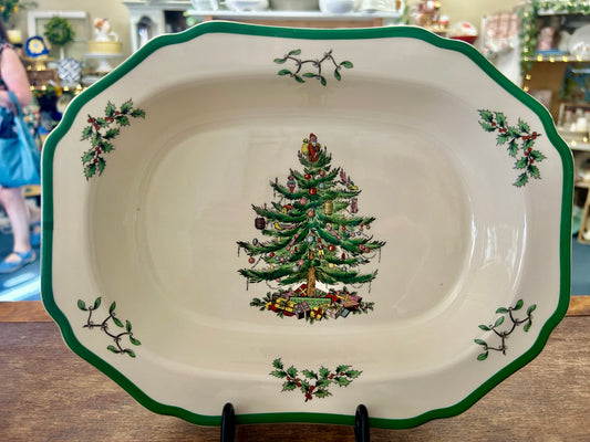 Red Green White Spode Christmas Tree Bowl England, 11 1/4"