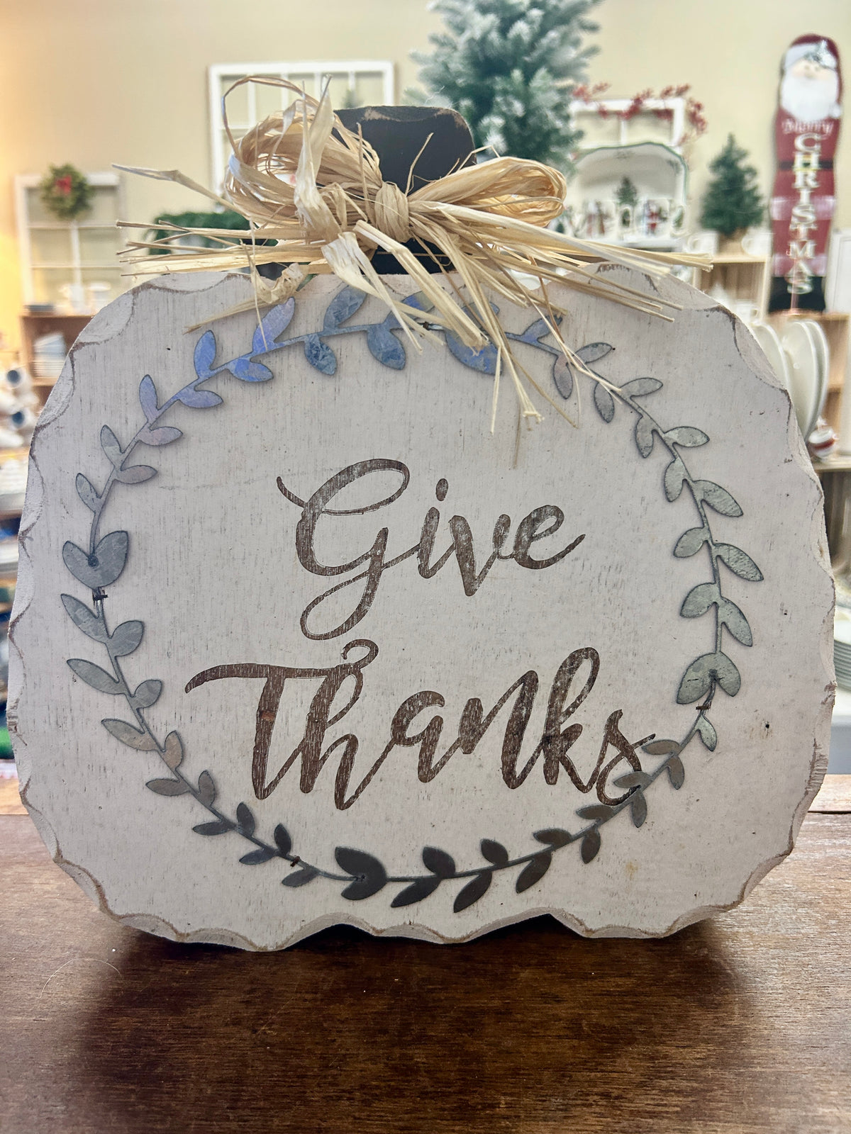 White Wooden Pumpkin Give Thanks, 12"