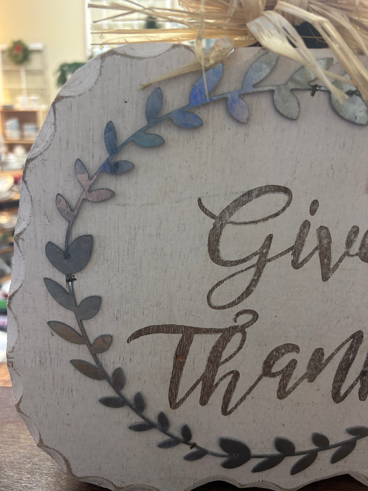 White Wooden Pumpkin Give Thanks, 12"