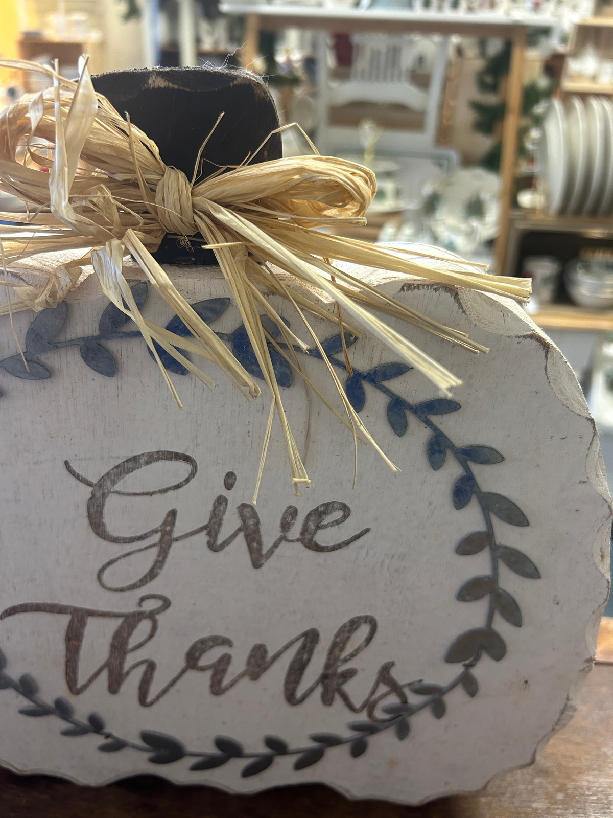 White Wooden Pumpkin Give Thanks, 12"