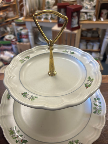 Cream & Green Pfaltzgraff Christmas Heirloom 2 Tier Stand, 9"