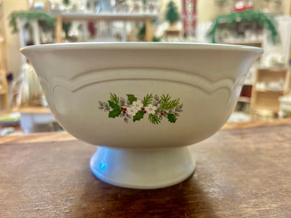 Cream pedestal bowl with Christmas wreath floral design