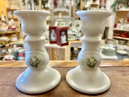 Cream & Green Pfaltzgraff Christmas Heirloom Candleholders 2, 5"