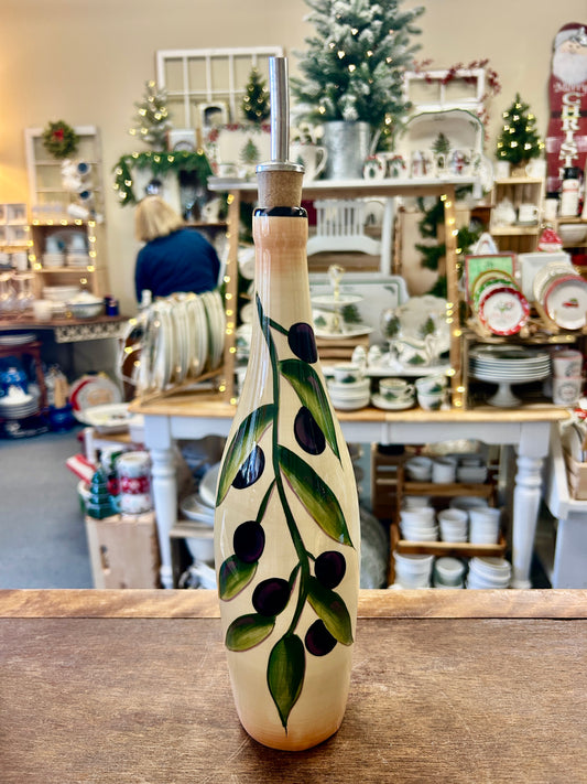 Ceramic olive oil cruet with leaf and olive print and metal pour spout
