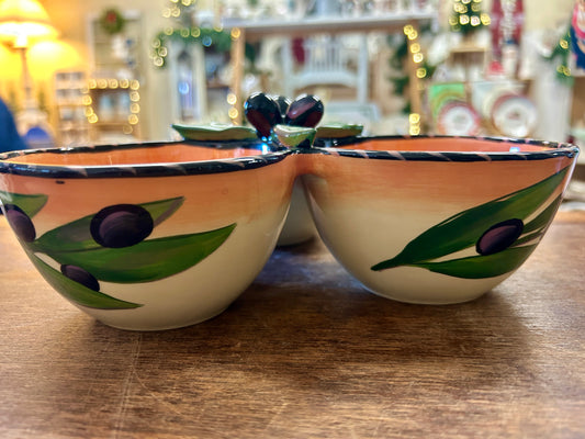 Multicolor Clay Art Olives 3 Section Condiment Bowl, 9"