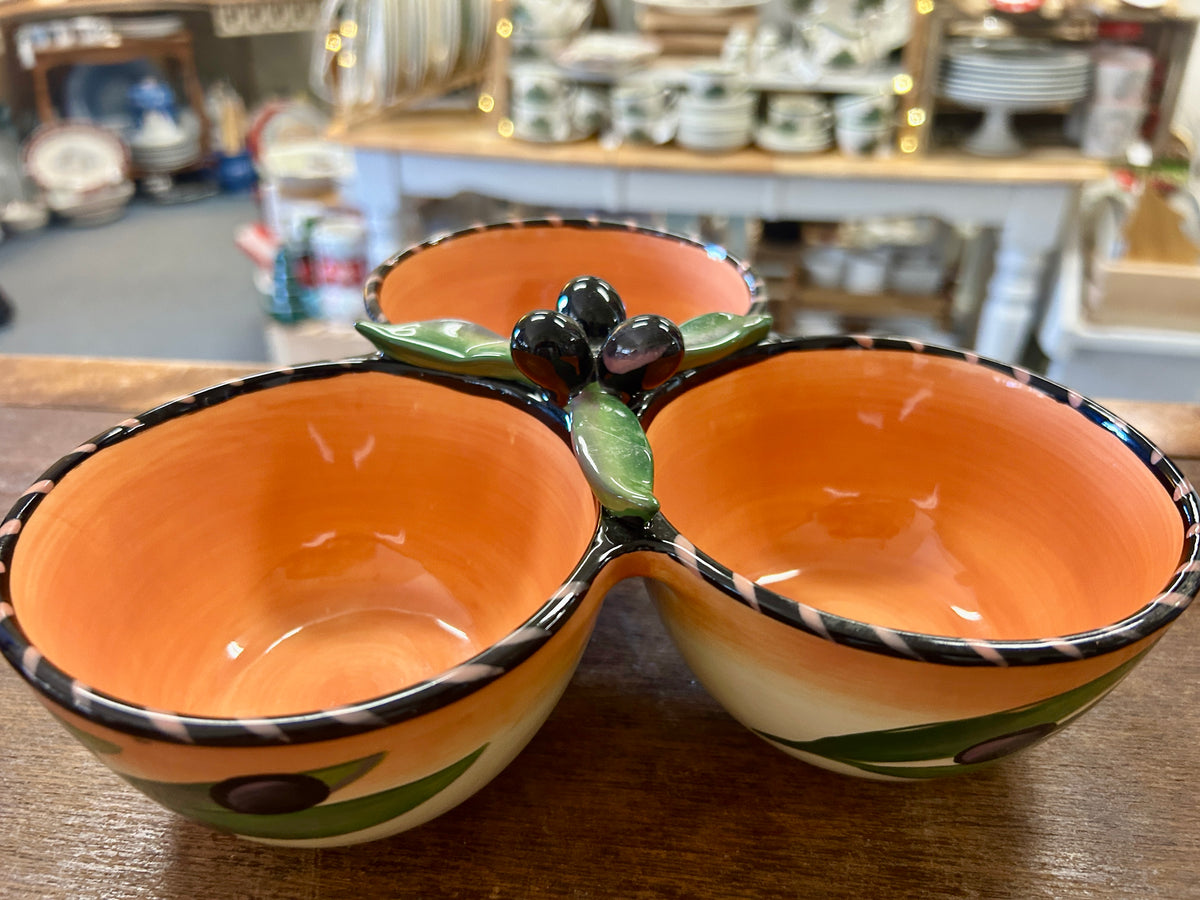 Multicolor Clay Art Olives 3 Section Condiment Bowl, 9"