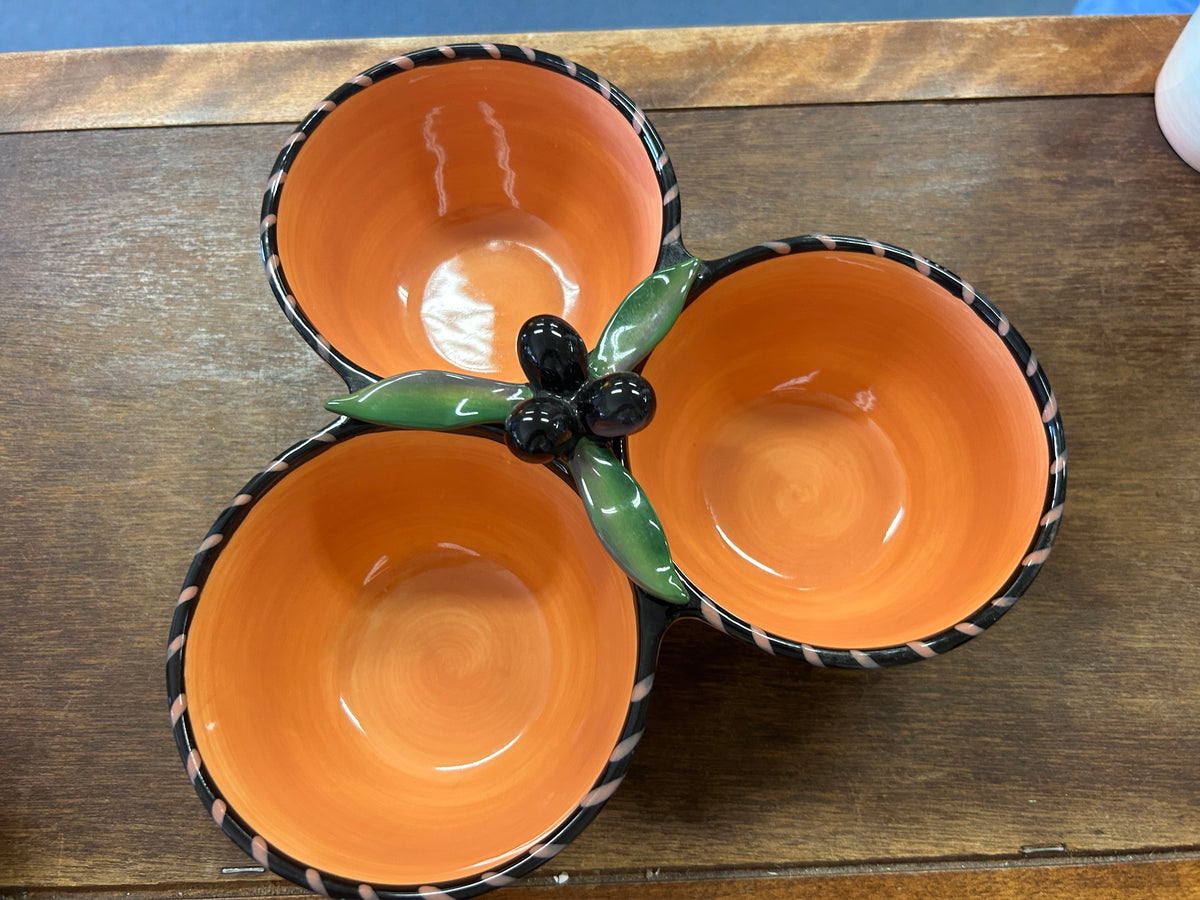 Multicolor Clay Art Olives 3 Section Condiment Bowl, 9"