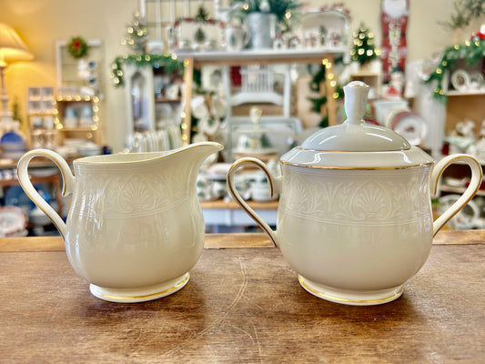 Lenox Courtyard gold sugar and creamer with cream glaze, ornate relief, 5-inch