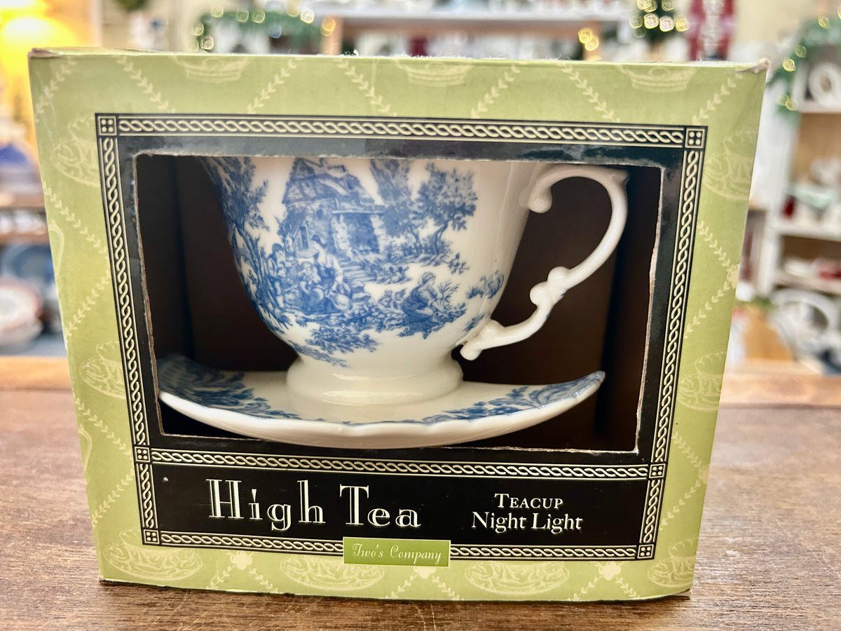 Blue & White Two's Company NEW Tea Cup Night Light, 4"