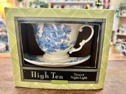 Blue & White Two's Company NEW Tea Cup Night Light, 4"