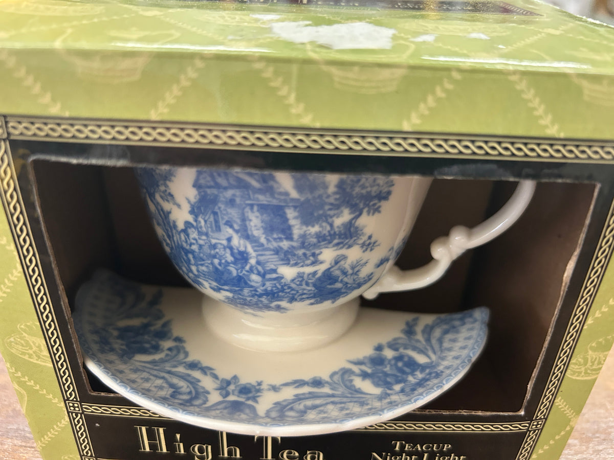 Blue & White Two's Company NEW Tea Cup Night Light, 4"