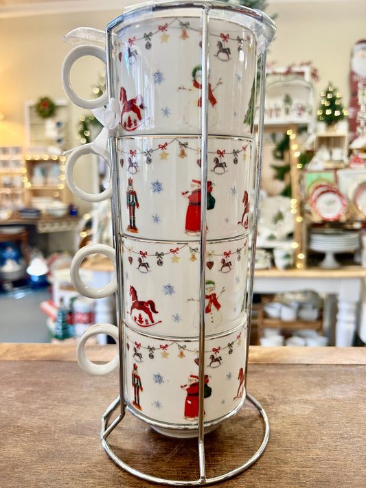 Red Green White Sweet Living NEW Christmas Mugs Rack 4, 10 1/2"