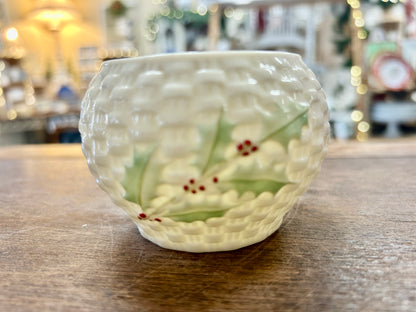 Red Green White Belleek RARE Enchanted Holly Sugar Ireland, 2 1/4"