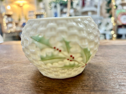 Red Green White Belleek RARE Enchanted Holly Sugar Ireland, 2 1/4"