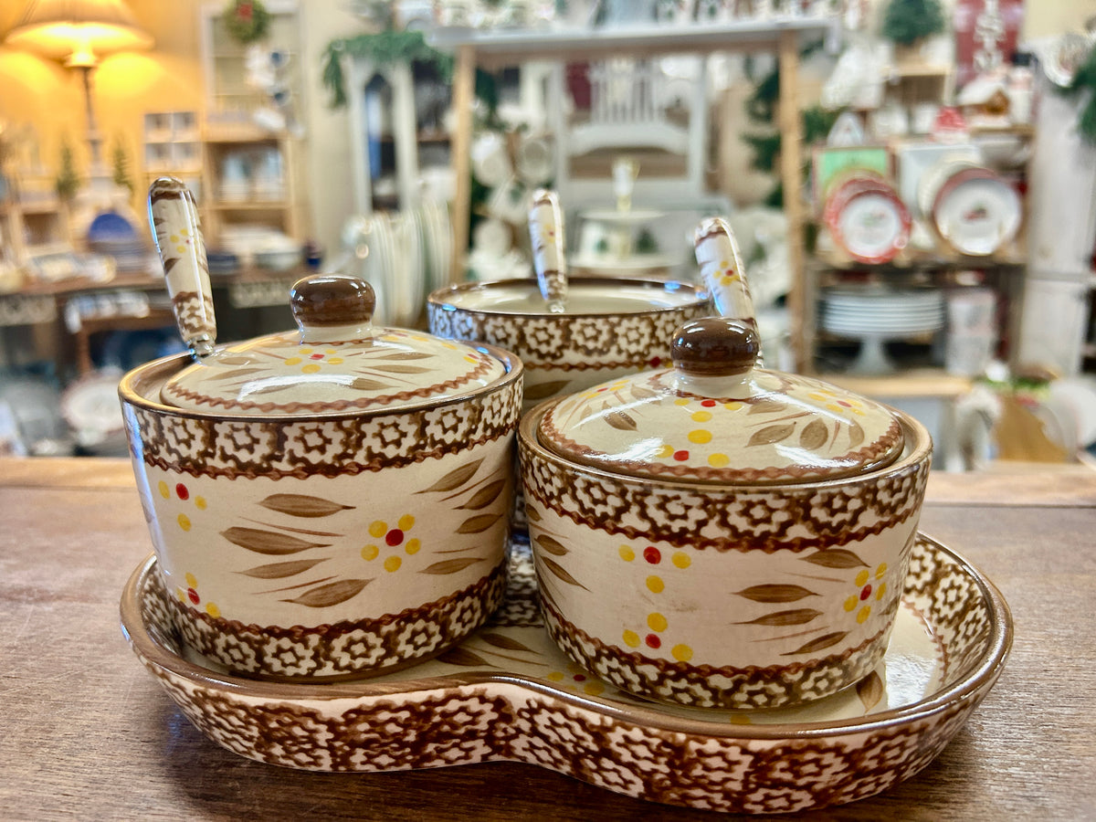 Brown Temptations Old World 3 Bowls, Spoon, Platter, 9"
