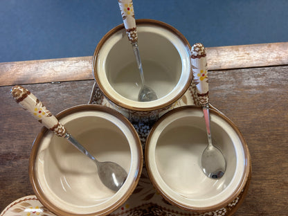 Brown Temptations Old World 3 Bowls, Spoon, Platter, 9"
