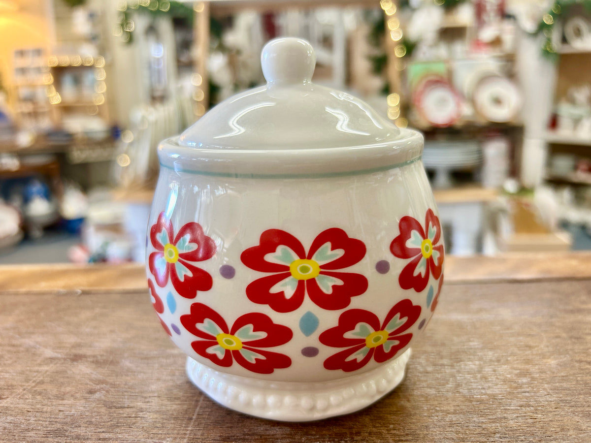 Red & White Pioneer Woman Red Flower Sugar Bowl, 4 1/2"