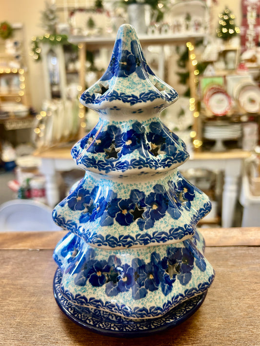 Blue UNIKAT Polish Pottery Tree Luminary w/ Plate, 8"