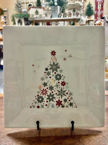 Cranberry & White Food Network Christmas Tree Square Plate, 10 1/4"