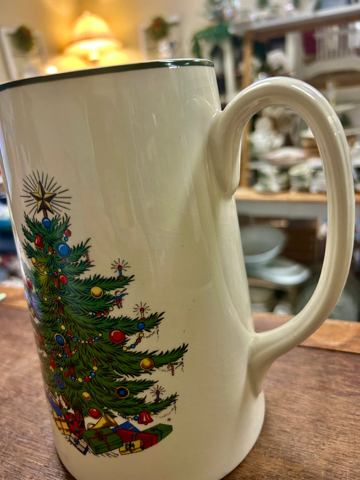 Red Green White Cuthbertson Christmas Tree Pitcher England, 7 1/4"