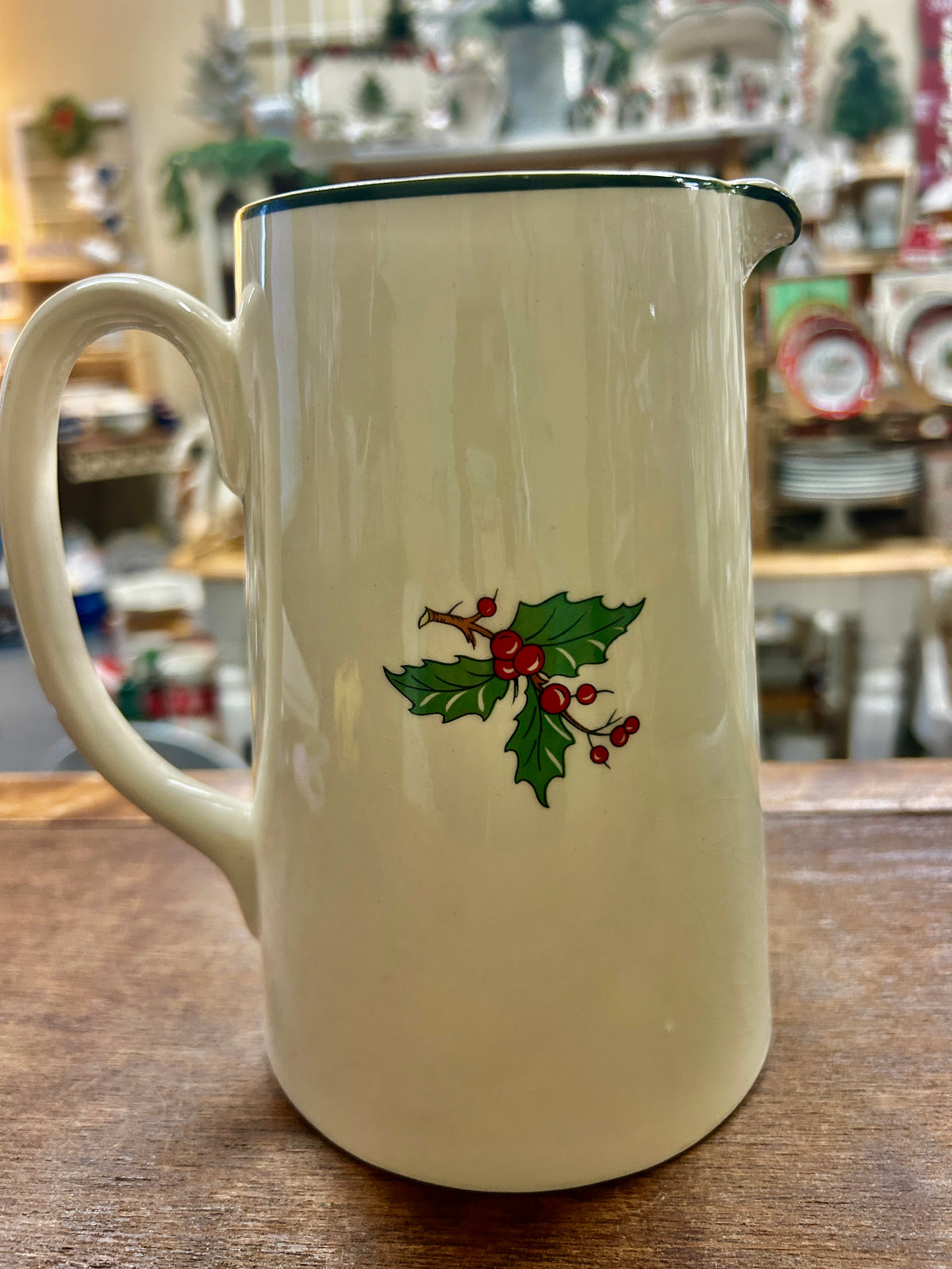Red Green White Cuthbertson Christmas Tree Pitcher England, 7 1/4"
