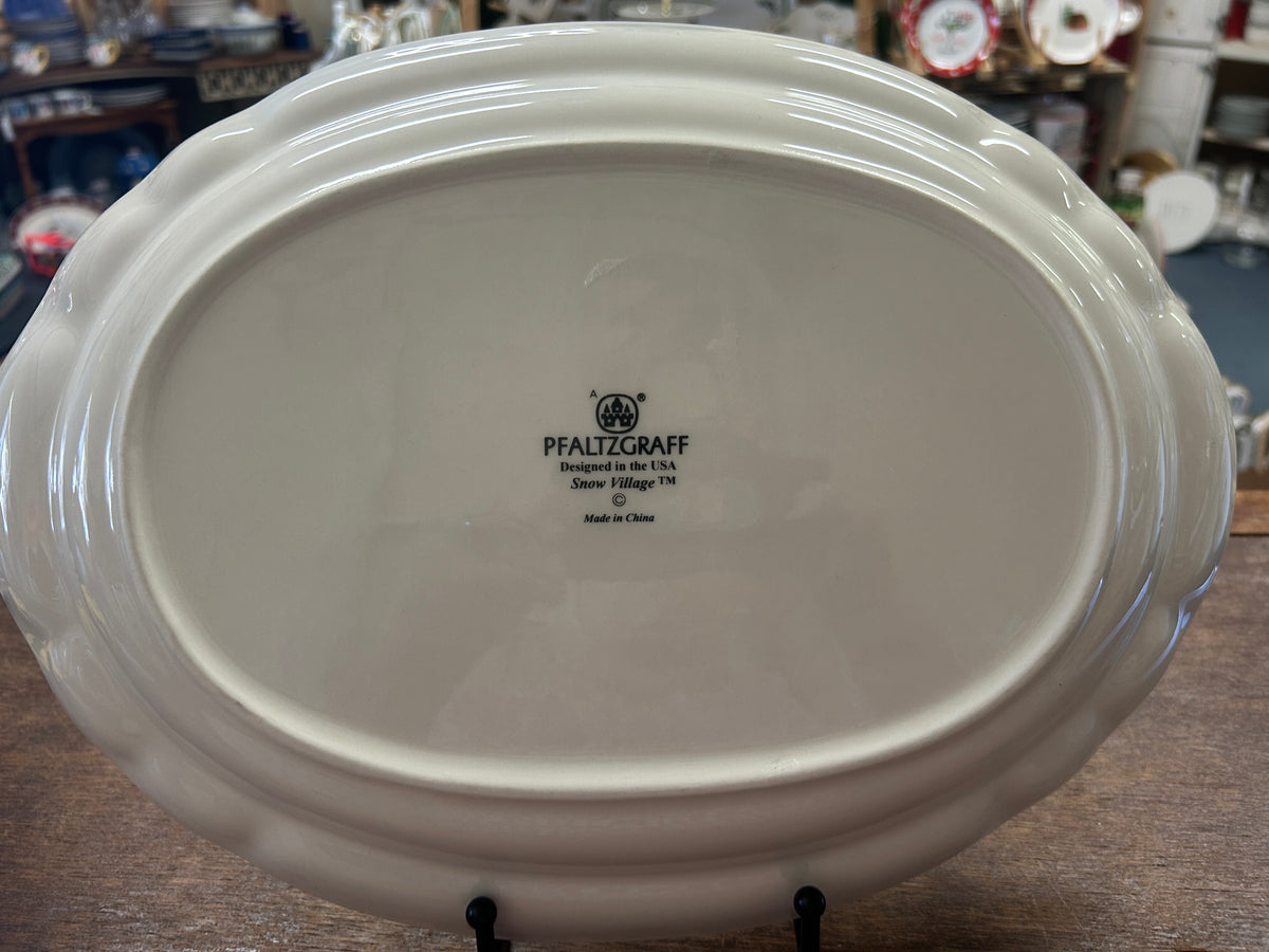 Pfaltzgraff Snow Village serving platter underside with brand text