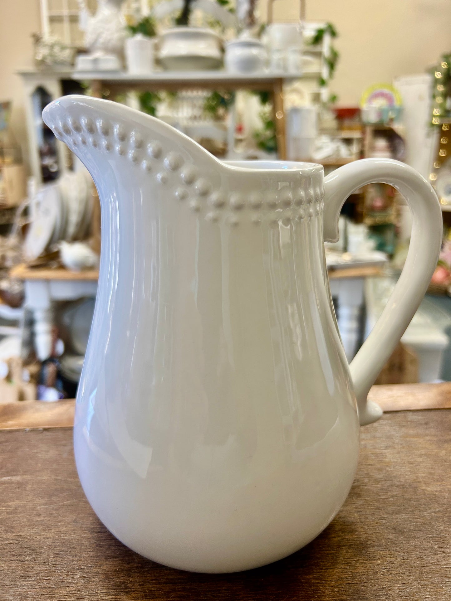 1872 White Beaded Pitcher, 8"