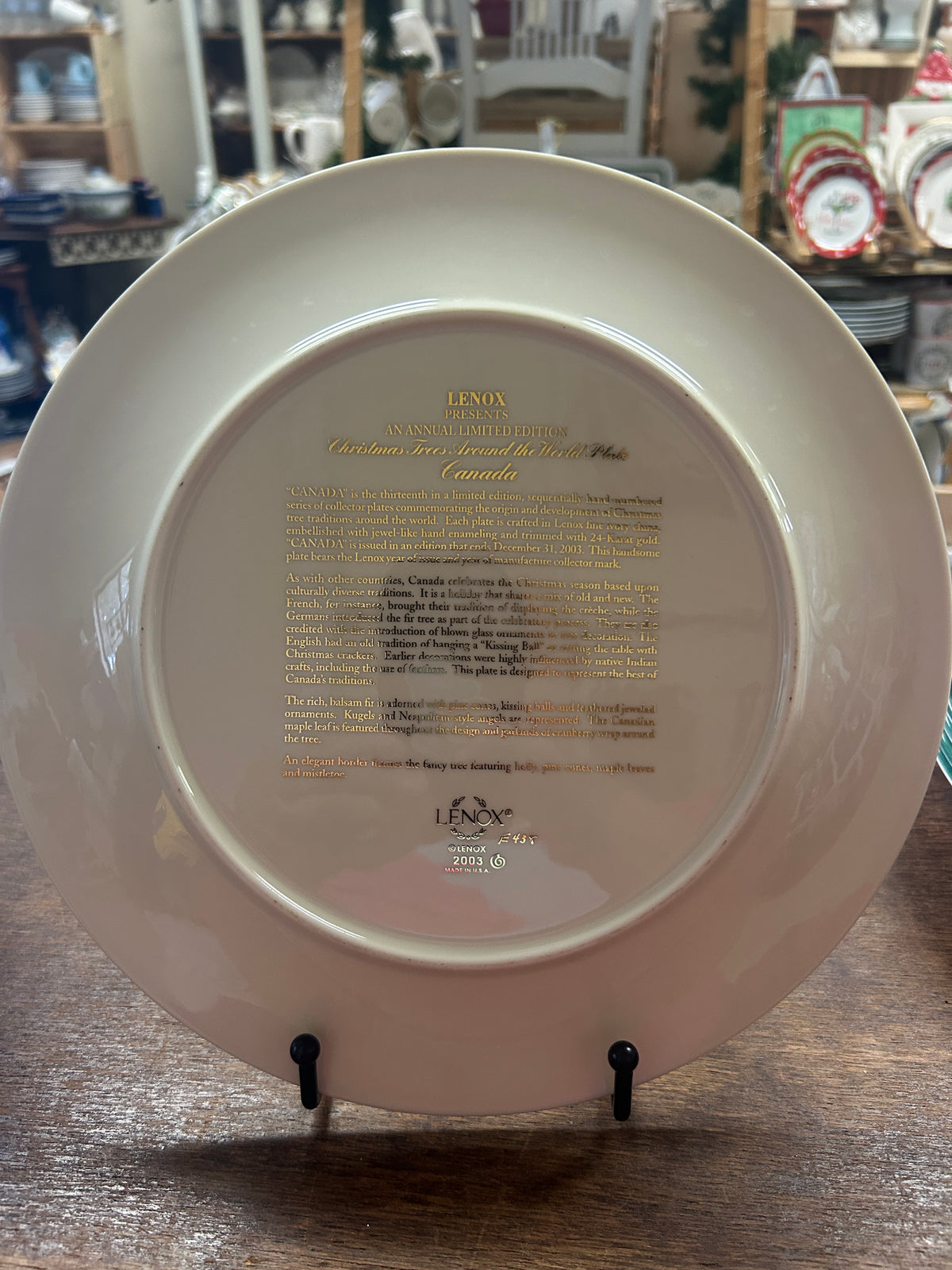 Lenox Christmas plate back with printed brand text centered on white porcelain