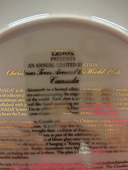 Lenox Presents annual limited edition “Christmas Tree World” plate Canada text on back