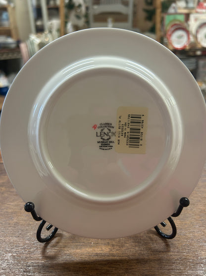 Bottom of Lenox white bread plate with barcode label and glossy finish