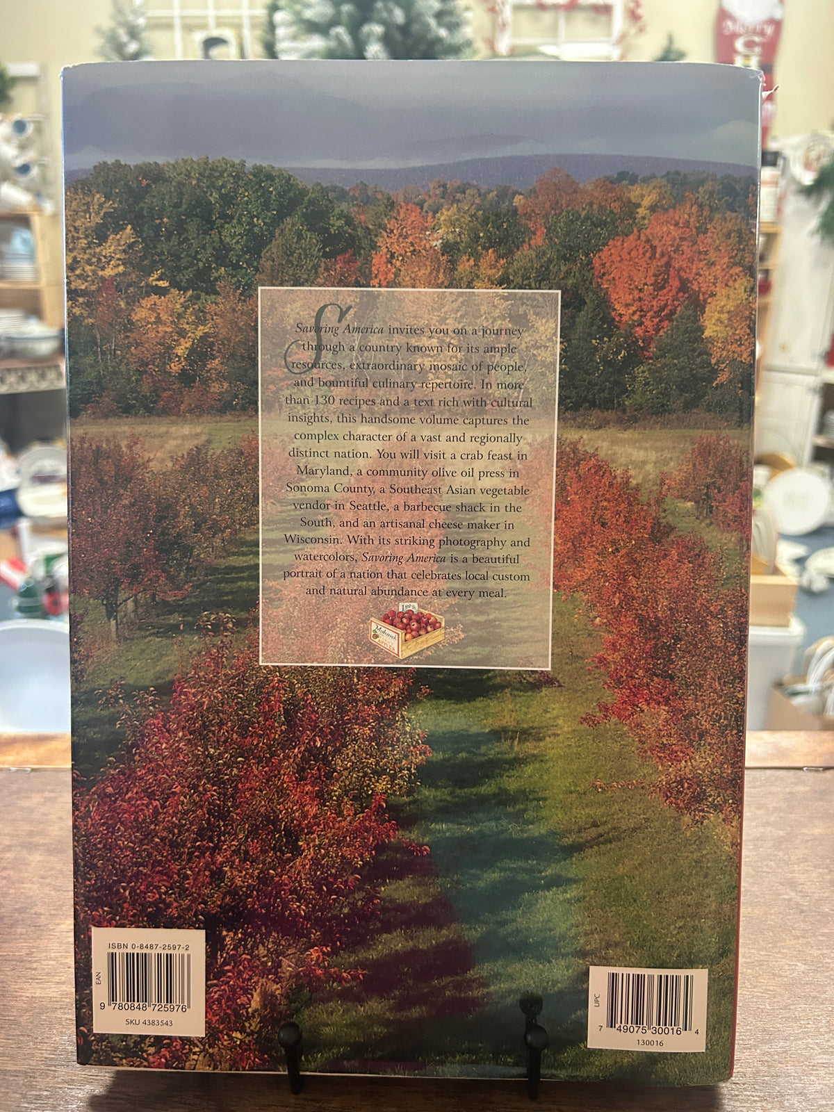 Cookbook back cover with autumn landscape, small text panel, and barcodes