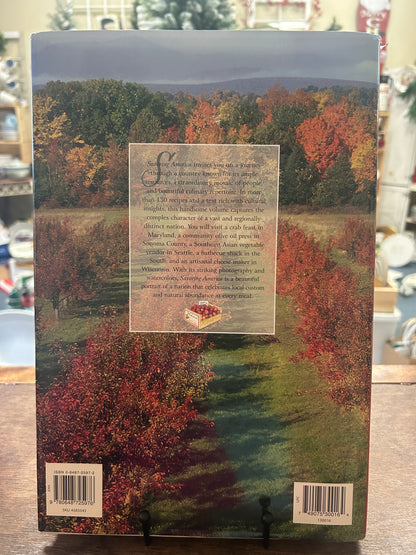 Cookbook back cover with autumn landscape, small text panel, and barcodes