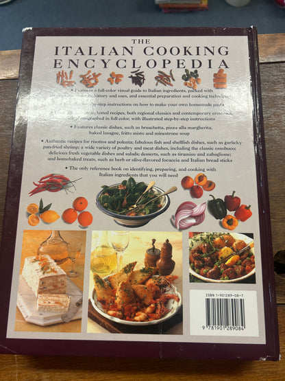 Italian cooking encyclopedia book back cover with text blocks and food photos