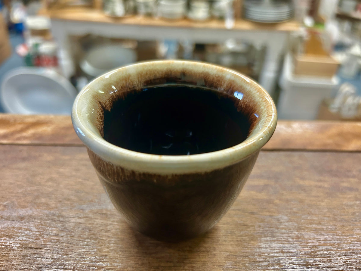 Pfaltzgraff brown drip custard cup with glossy dark interior and speckled rim