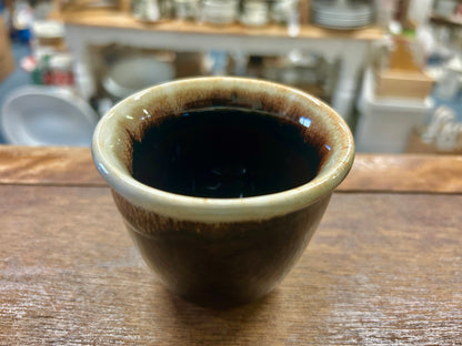 Pfaltzgraff brown drip custard cup with glossy dark interior and speckled rim