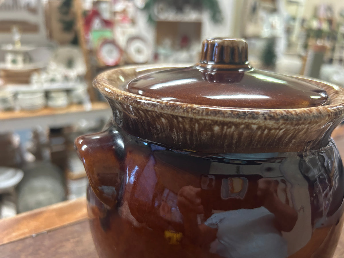 Brown glazed drip bean pot with domed lid and knob, 7 in