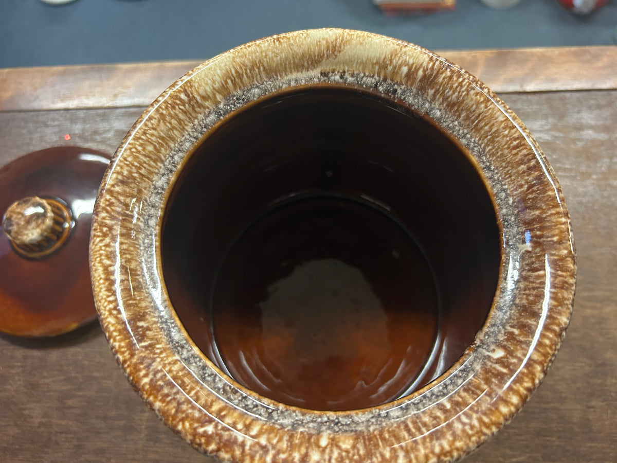 Open top of brown drip bean pot with glazed interior, 7 in