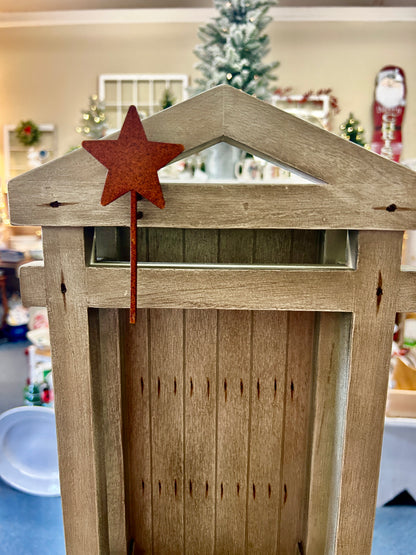 Wooden creche base front with arched opening and red star on roof, 20-inch