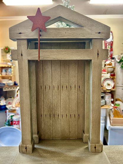 Wooden nativity creche base with arched door opening, red star topper, and legs, 20-inch