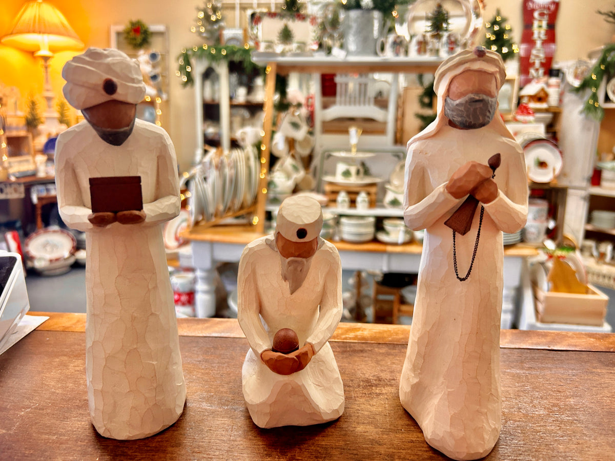 Cream Willow Tree three wise men nativity figurines holding gifts, one kneeling