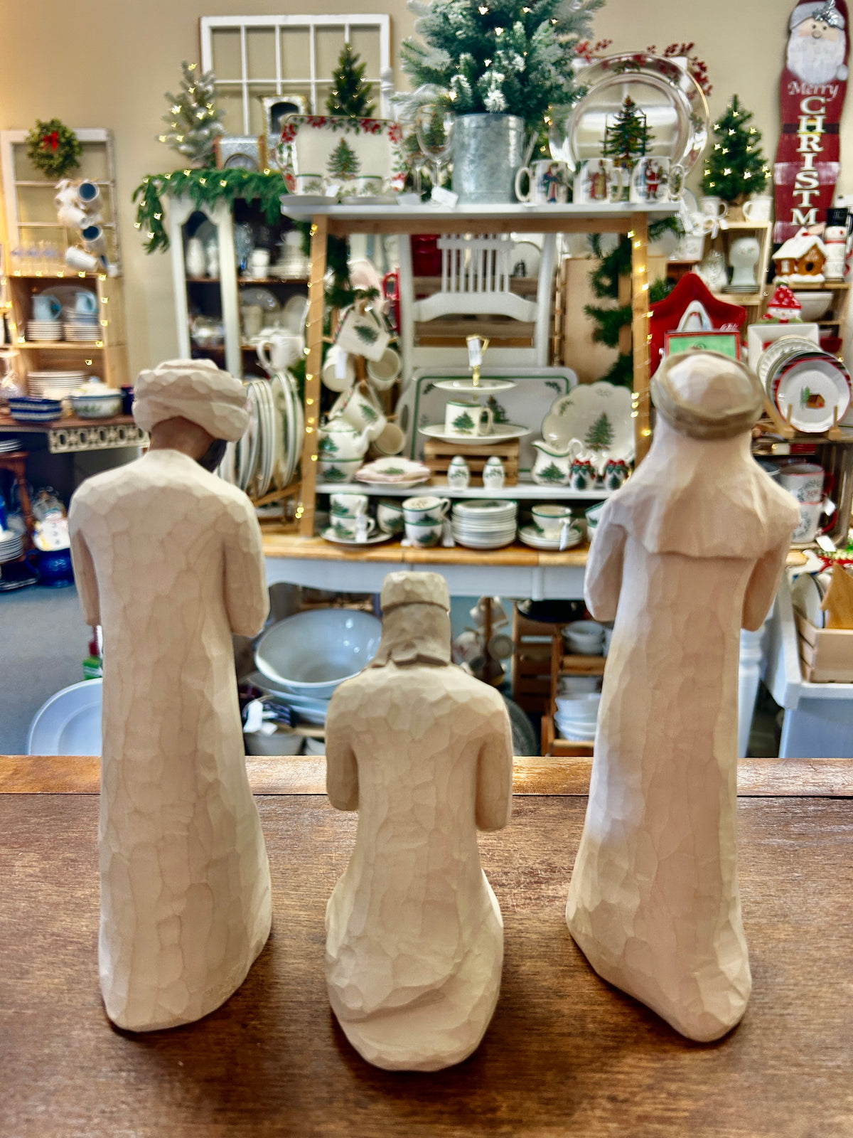 Cream Willow Tree three wise men nativity figurines, two standing and one kneeling