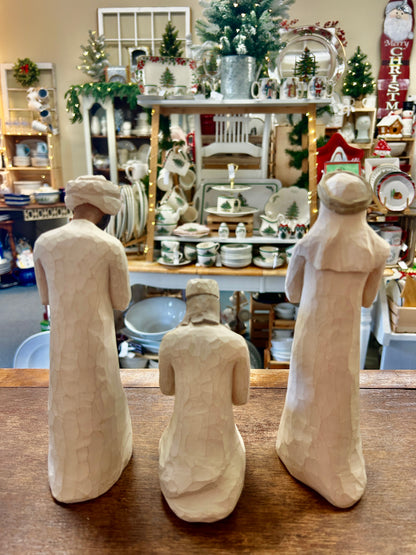 Cream Willow Tree three wise men nativity figurines, two standing and one kneeling