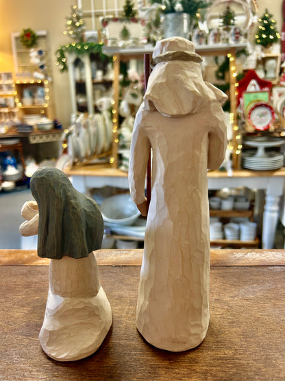 Cream Mary standing and Joseph kneeling nativity figurines, hand-carved wood look