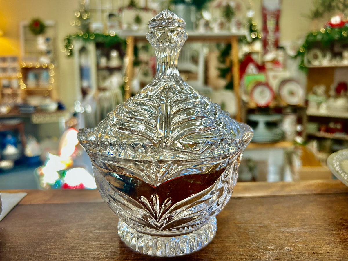 Clear Anna Hutte Bleikristall Lead Crystal Gold Jar w/ Lid, 6 1/2"