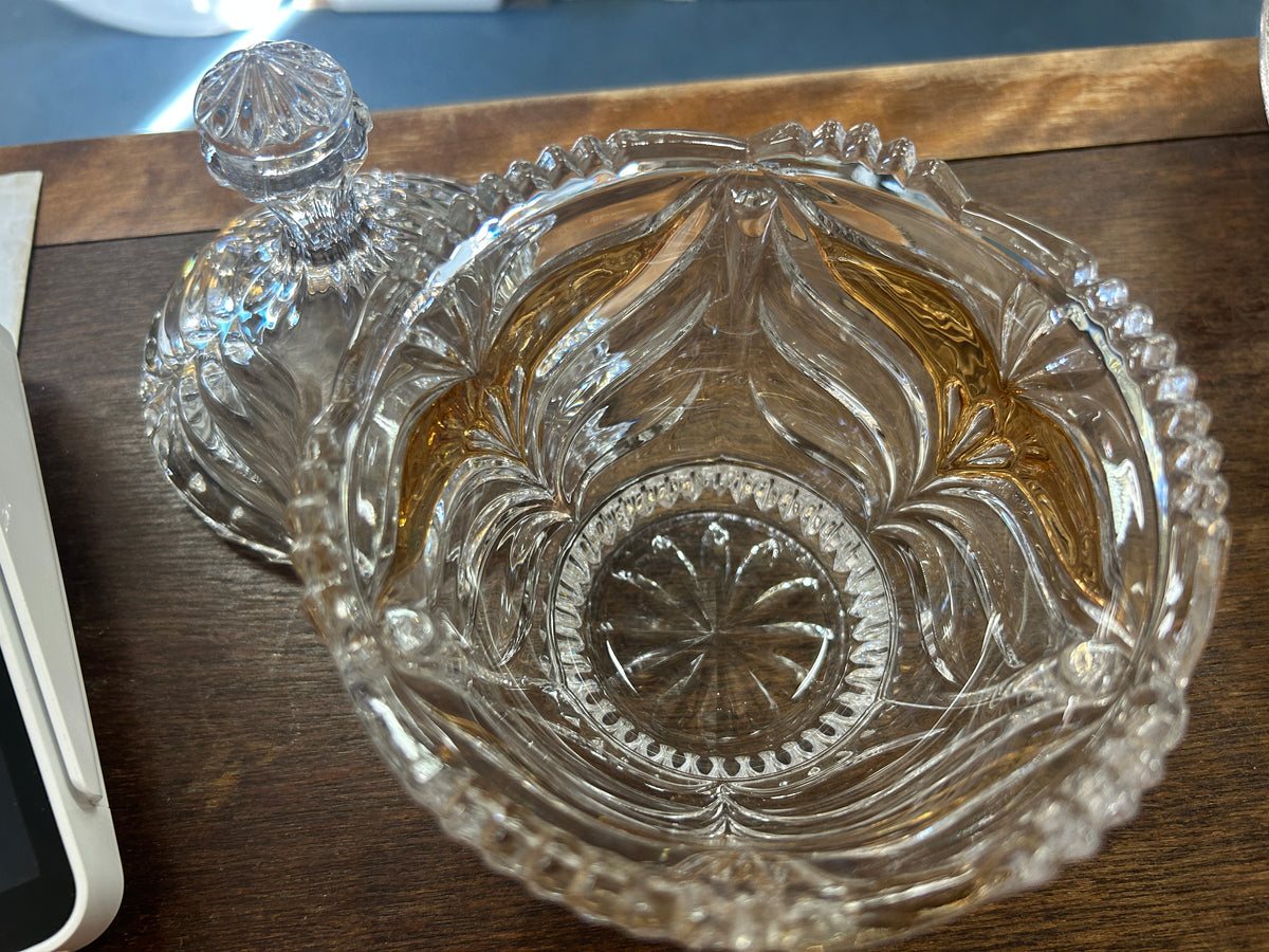 Clear Anna Hutte Bleikristall Lead Crystal Gold Jar w/ Lid, 6 1/2"