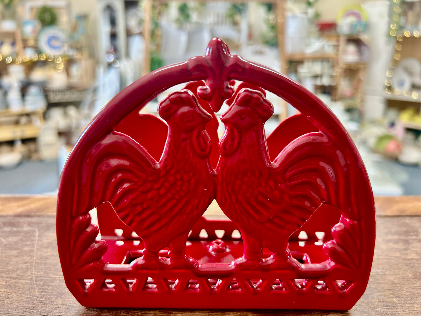 Red  Cast Iron Rooster Napkin Holder, 6"